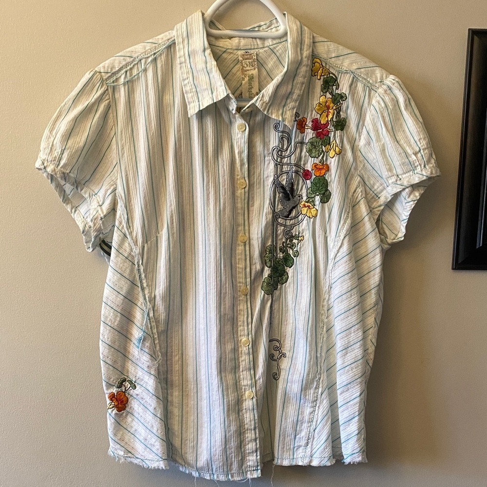 Johnny Was 3J Workshop Floral Embroidered Striped Button-Up Shirt